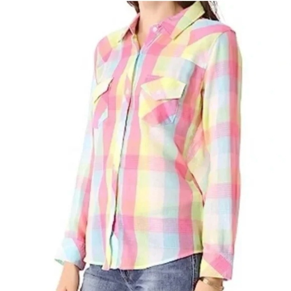Rails Taylor Gauze‎ Button-Down Shirt in Rainbow Bright Plaid Size Small - Picture 3 of 14